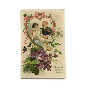 Cartão postal floral vintage de ano novo com casal