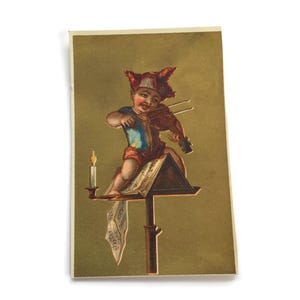 Antique French Trade Card – Clown Playing Violin on Music Stand with Candle