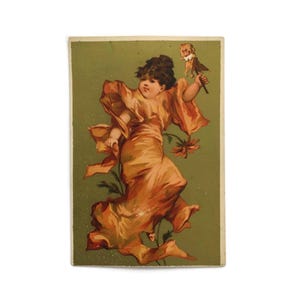 Antike Handelskarte – Viktorianisches Mädchen mit Puppen-Zauberstab – Jugendstil Ephemera – Französische Werbekarte – 19tes Jahrhundert Sammlerstück