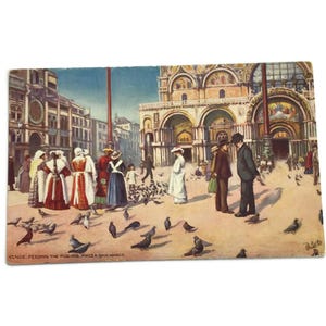 Antica cartolina di Raphael Tuck da Venezia – Dare da mangiare ai piccioni in Piazza San Marco