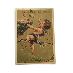 Antique French Trade Card – Child Reaching Toward Bird’s Nest