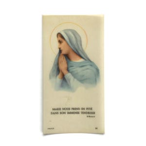 Vintage Franse heilige kaart – Madonna in gebed – Citaat St. Bernard – Katholieke devotionele kunst – Zachte pastelkleuren