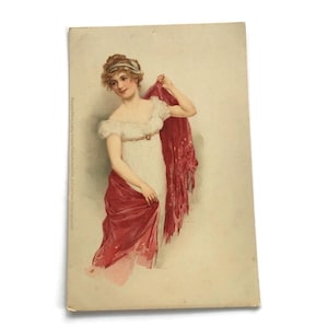 Postal eduardiana antigua: Mujer Art Nouveau con chal rojo