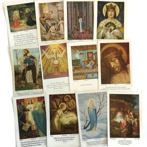 Cartes sacrées allemandes vintage – Lot de 12 gravures religieuses illustrées – Vêtements légers, éphémères catholiques