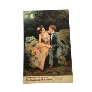 Antieke romantische ansichtkaart – Victoriaans stel onder maanlicht – illustratie Franse liefde