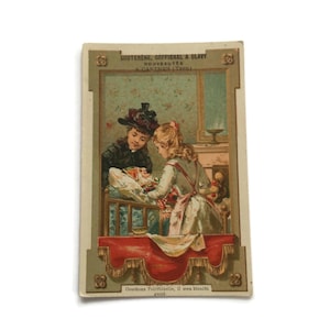 Antica carta commerciale francese – Scena del letto di malattia di Polichinelle – Effimere di ragazze vittoriane c.1890
