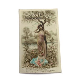 Jugendstil Postkarte “Printemps” – Handkolorierte Frühlingsgöttin & Gedicht – 1905 French Fantasy Card