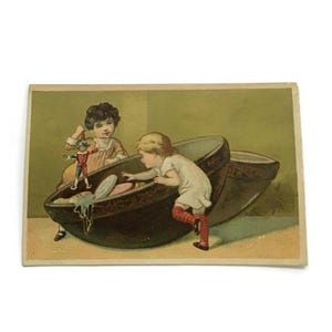 Tarjeta comercial francesa antigua – Beaufort Fils – Sorpresa de huevo gigante – Caprichoso de la década de 1880