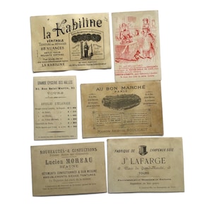 Antieke Franse ruilkaarten – Set van 6 geïllustreerde reclameachterkanten (eind 1800-1900)