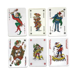 Vintage Joker Playing Cards – Lot of 6 Mixed Jokers, Ad-Backs & Novelty Designs, 1980s–2000s