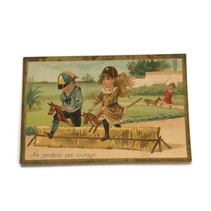 Antique French Trade Card – Children Playing Horse Riding – 19th Century Ephemera
