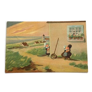 Carte postale hollandaise ancienne - Enfants s'embrassant près d'un cottage - Scène de campagne - Pays-Bas vintage de 1919