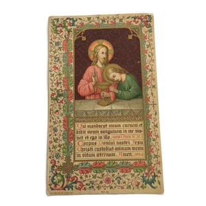 Carte sainte antique - Dernière Cène - Texte latin - Carte prêtre commémorative de 1895