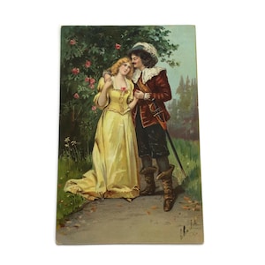 Pareja romántica eduardiana – Postal ilustrada vintage con escena de paseo por el jardín – Obra de arte para amantes de las antigüedades