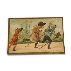 Antieke Franse Trade Card - Hobbypaardenrace "Bébé perd du terrain" - Baudouin-Martin-advertentie, ca. 1890s