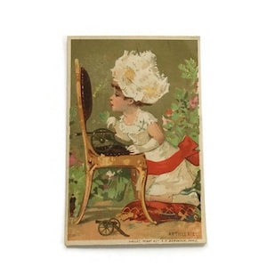 Antike französische Handelskarte – Mädchen mit Kanone – 19tes Jahrhundert Werbe-Ephemera