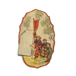 Antyczna francuska karta menu – Komiczna scena grupowa – Journal des Demoiselles – Belle Époque Ephemera, ok. 1900