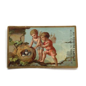 Viktorianische Cherub-Werbekarte - Französische Handelskarte mit Vogelnest - Antikes Ephemera um 1890er Jahre