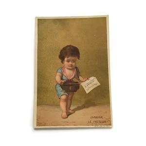 Antieke Franse Trade Card – Victorian Baby Messenger – Kalenderserie 1879 – Au Printemps Paris