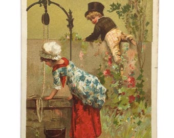 Antique French Trade Card: Au Bon Marché Paris, Courting Scene