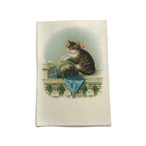 Antike französische Lithographie mit getigerter Katze und schlafendem Mops aus dem 19