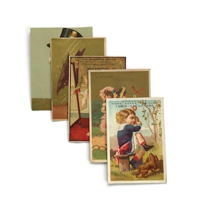 Überraschungspaket mit 5 antiken französischen Handelskarten • Mystery Ephemera Bundle • Vintage-Werbung & Kinderillustrationen c.1880s - 1900s