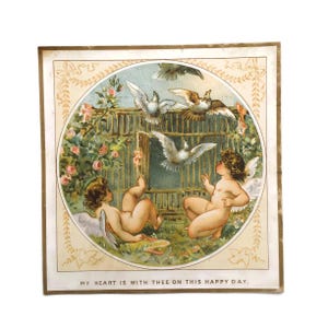 Biglietto d'auguri per bambini con angeli antichi – Cherubini vittoriani con colombe e rose