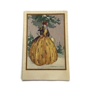 Postal de moda antigua: Dama eduardiana con vestido de invierno. Ilustración de Corbella.