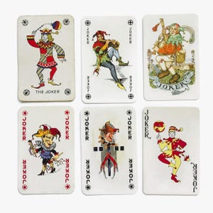 Vintage Joker Playing Card Lot: Colorful Jester Designs - Set of 6
