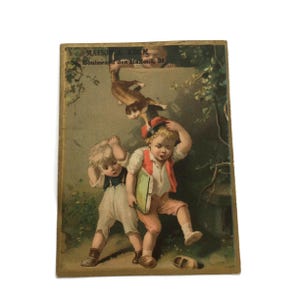 Antique French Trade Card – Boys on Their Way to a Party – Maison A. Adam Advertising (c. 1890s)