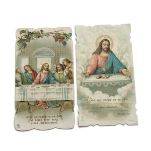 Set di 2 antiche immagini sacre francesi – Prima Comunione 1914/1918 – Ultima Cena e immagini dell'Eucaristia – Materiale religioso effimero per il diario di viaggio