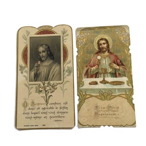 RESERVED for ADRIENNE June 28th   Pair of Antique Holy Cards – Sacred Heart of Jesus & Religious Vows – French and Spanish Text