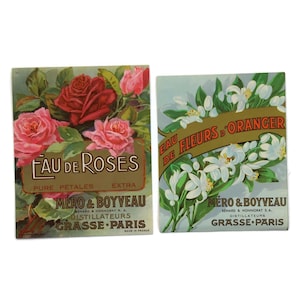 Etichette per profumi francesi d'epoca – Eau de Roses e fiori d'arancio – Grasse – Set di 2