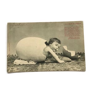 Antique French Easter Postcard – Baby in Egg with Poem