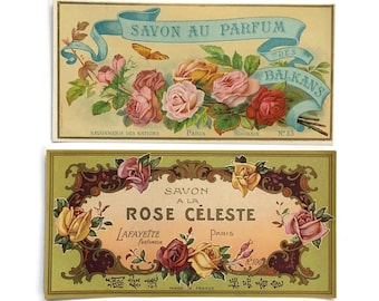 Vintage franska tvåletiketter – Set om 2 | Antik parfym-ephemera med blommönster