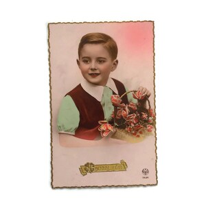 Vintage French Postcard – Hand-Tinted Boy with Flowers – 1950s Ephemera