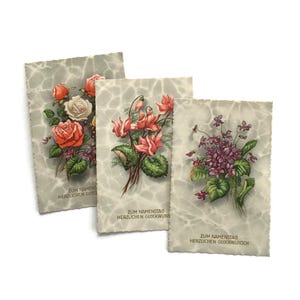 Set van 3 vintage Oostenrijkse ansichtkaarten met bloemen – Zum Namenstag-wenskaarten, botanische printserie