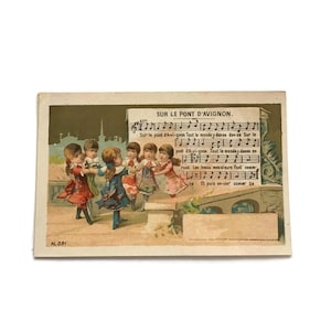 Carte de chanson française ancienne – « Sur le pont d'Avignon » – Illustration d'enfants dansants – Lithographie vers 1900