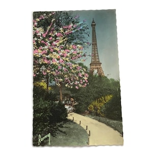 Carte postale vintage de Paris - Scène printanière de la Tour Eiffel - Carte Mid-Century inutilisée