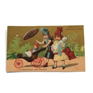 Cartão de comércio antigo da década de 1890 – Guérin-Boutron – Carruagem de boneca e guarda-sol