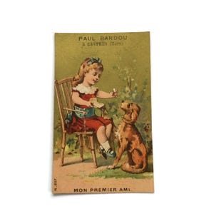 Vintage französische Handelskarte - viktorianisches Mädchen & Hund, Werbedruck des 19ten Jahrhunderts