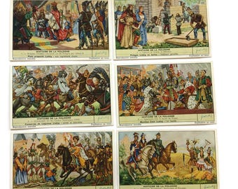 Set van 6 vintage Poolse historische ruilkaarten – Koningsveldslagen en nationale helden