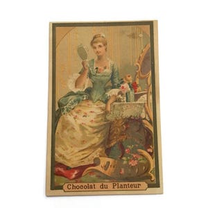 Französische Vintage Handelskarte - Chocolat du Planteur Werbedruck - Elegante Dame, 19