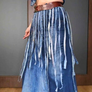 Avand Garde Denim Skirt ,High Low Fringles skirt , Acymmetrical patchwork skirt, Extravagant Two Tone Boho Skirt, Hippie Festival Skirt