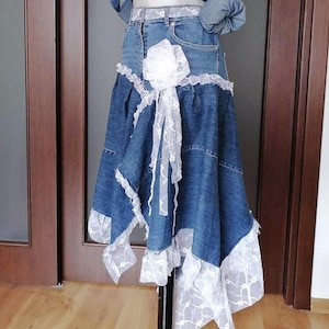 Acymmetrical Lace denim skirt, Extravagant Boho Skirt ,High Low Avand Garde Skirt, Hight waist Skirt, Hippie Festival Skirt, Patchwork skirt