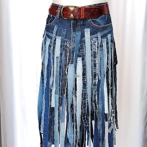 Avand Garde Denim Skirt ,High Low Fringles skirt , Acymmetrical patchwork skirt, Extravagant Two Tone Boho Skirt, Hippie Festival Skirt