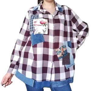Upcycled Art top, Bohemian Tunic Shabby Chic Shirt Boho Funky Top Farm Chic Hippie Tunic Vintage Top Patched Check Shirt L-XXL Free shipping