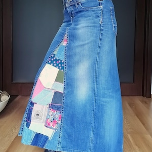 Extravagant  Crago Denim Skirt, Multi Pocket Boho Skirt, Maxi High Waist Patchwork Skirt ,Upcycled Streetwear Jeans Skirt