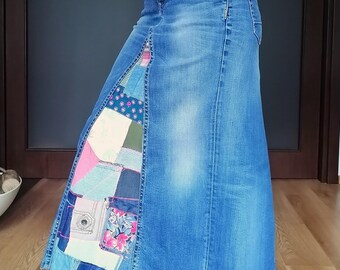 Extravagant  Crago Denim Skirt, Multi Pocket Boho Skirt, Maxi High Waist Patchwork Skirt ,Upcycled Streetwear Jeans Skirt