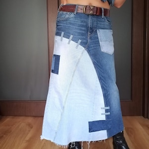 Bohemian Denim Skirt, Extravagant Boho Skirt, Patched Avand Garde High Waist Skirt, Maxi Two tone Skirt,hippie festival skirt
